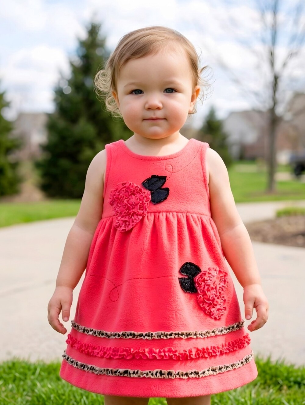 Bonnie Baby Girls Coral Fleece Polka Dot Floral Applique Ruffle Dress EUC 18M